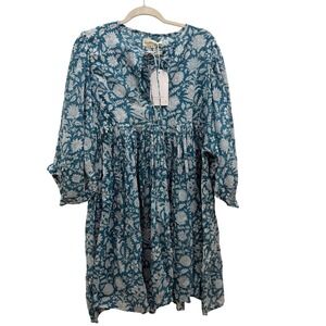 Daughters of India Kyra Mini Dress Blue Floral Boho Cotton Womens XL NWT